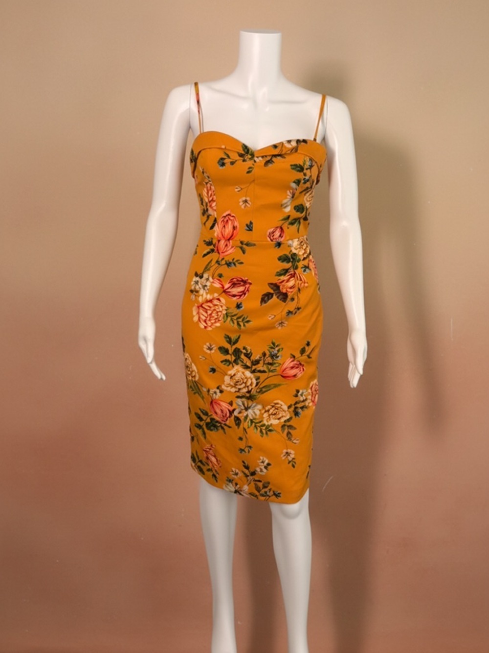 BLACK HALO Floral Bustier Midi Dress — Marigold Botanical Print | Size 8